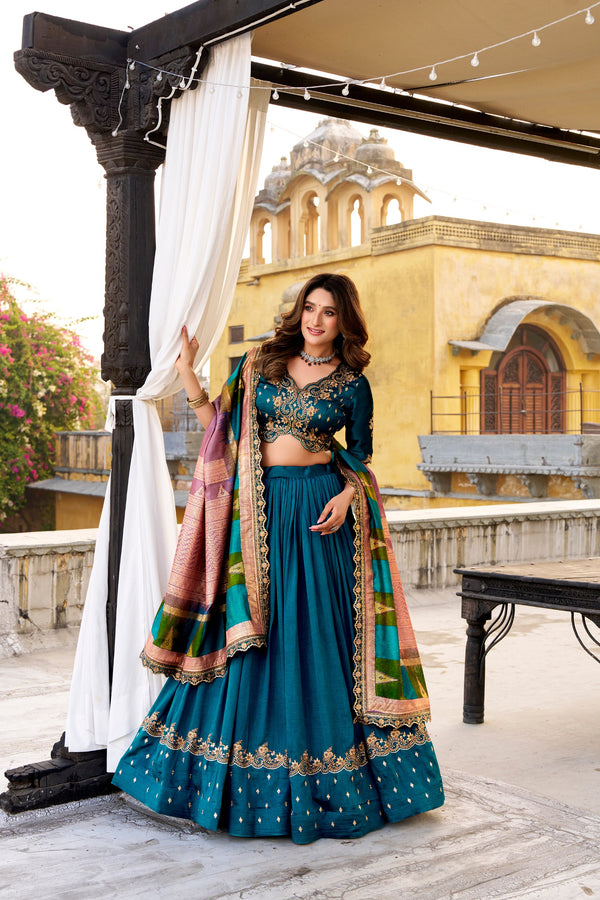 Vichitra Silk Thread Embroidered Lehenga With Dupatta  FRZ