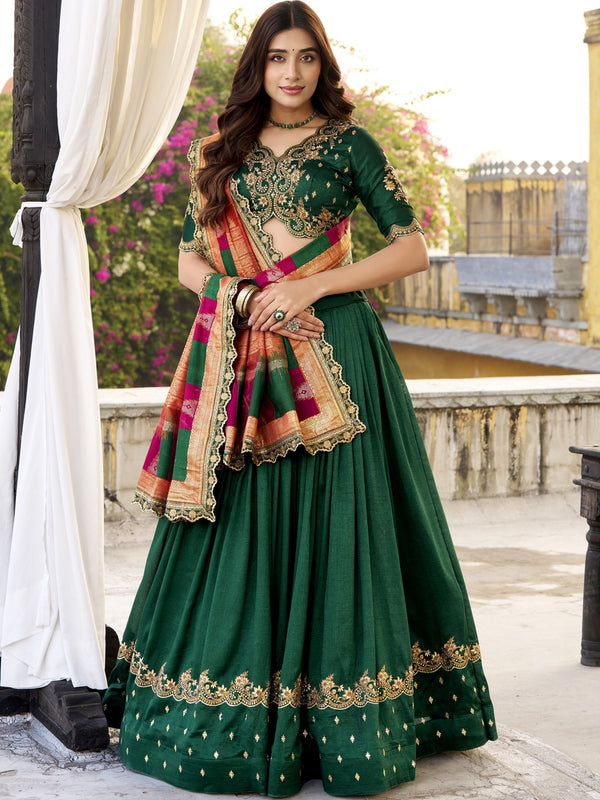 Vichitra Silk Thread Embroidered Lehenga With Dupatta  GRN