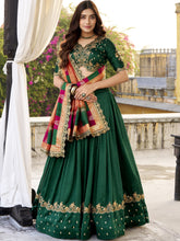 Vichitra Silk Thread Embroidered Lehenga With Dupatta  GRN