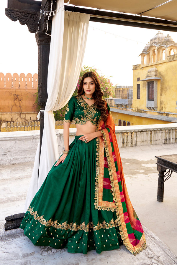 Vichitra Silk Thread Embroidered Lehenga With Dupatta  GRN