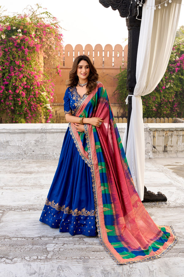 Vichitra Silk Thread Embroidered Lehenga With Dupatta  RBL