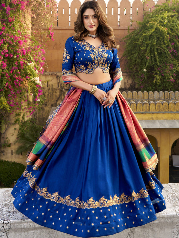 Vichitra Silk Thread Embroidered Lehenga With Dupatta  RBL
