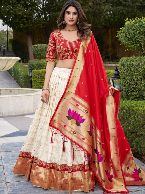 Silk Paithani Embroidered Lehenga With Jacquard Dupatta  WHT