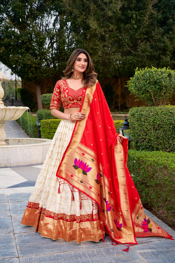 Silk Paithani Embroidered Lehenga With Jacquard Dupatta  WHT