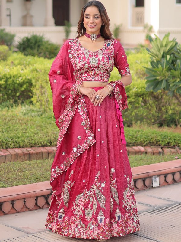 Gold Crush Embroidered Lehenga With Dupatta  PINK