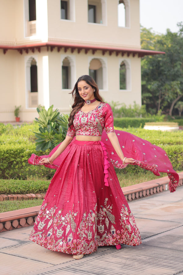 Gold Crush Embroidered Lehenga With Dupatta  PINK