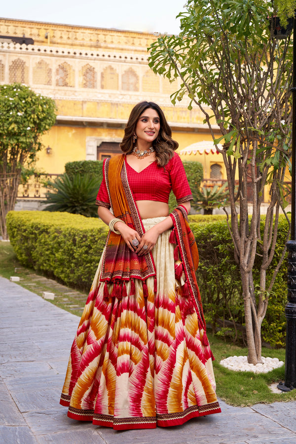 Tussar Silk Printed Lehenga With Dupatta  RED