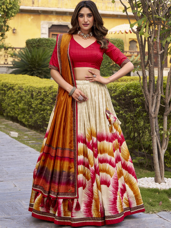 Tussar Silk Printed Lehenga With Dupatta  RED