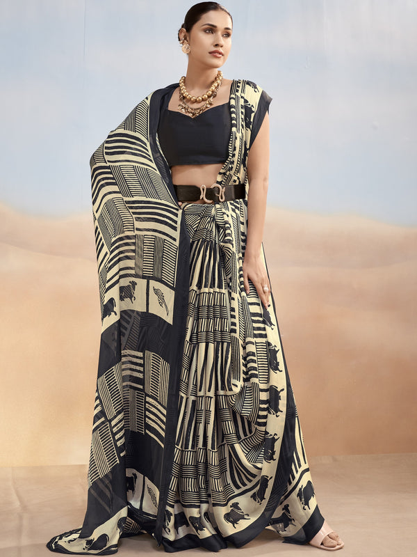 Satin Chiffon Printed Saree  BLK