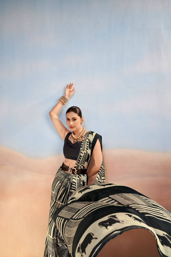 Satin Chiffon Printed Saree  BLK